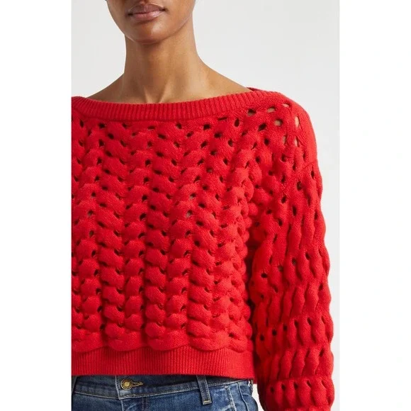 alice + olivia Allene Chunky Open Stitch Ruby Red Crop Sweater Medium NWOT $495